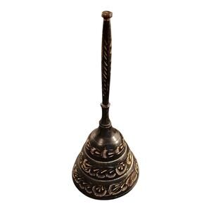 Vintage India Brass Engraved Floral Bell 7" Black Finish Dinner Supper Concierge